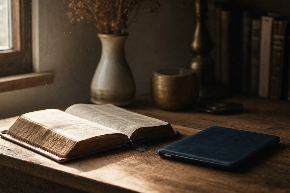 An open leather-bound book beside a tablet on a wooden table in warm morning light