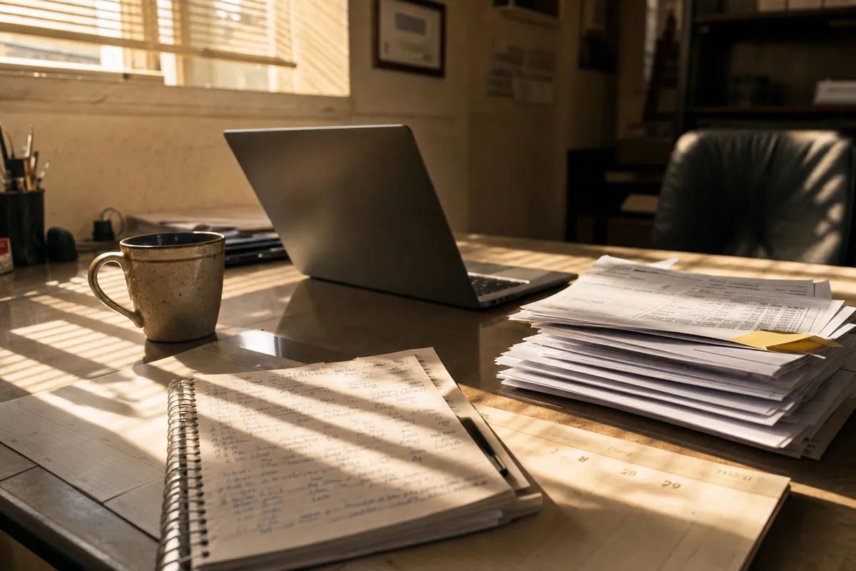 A small business desk with a laptop, handwritten notebook and a stack of paperwork in late afternoon light